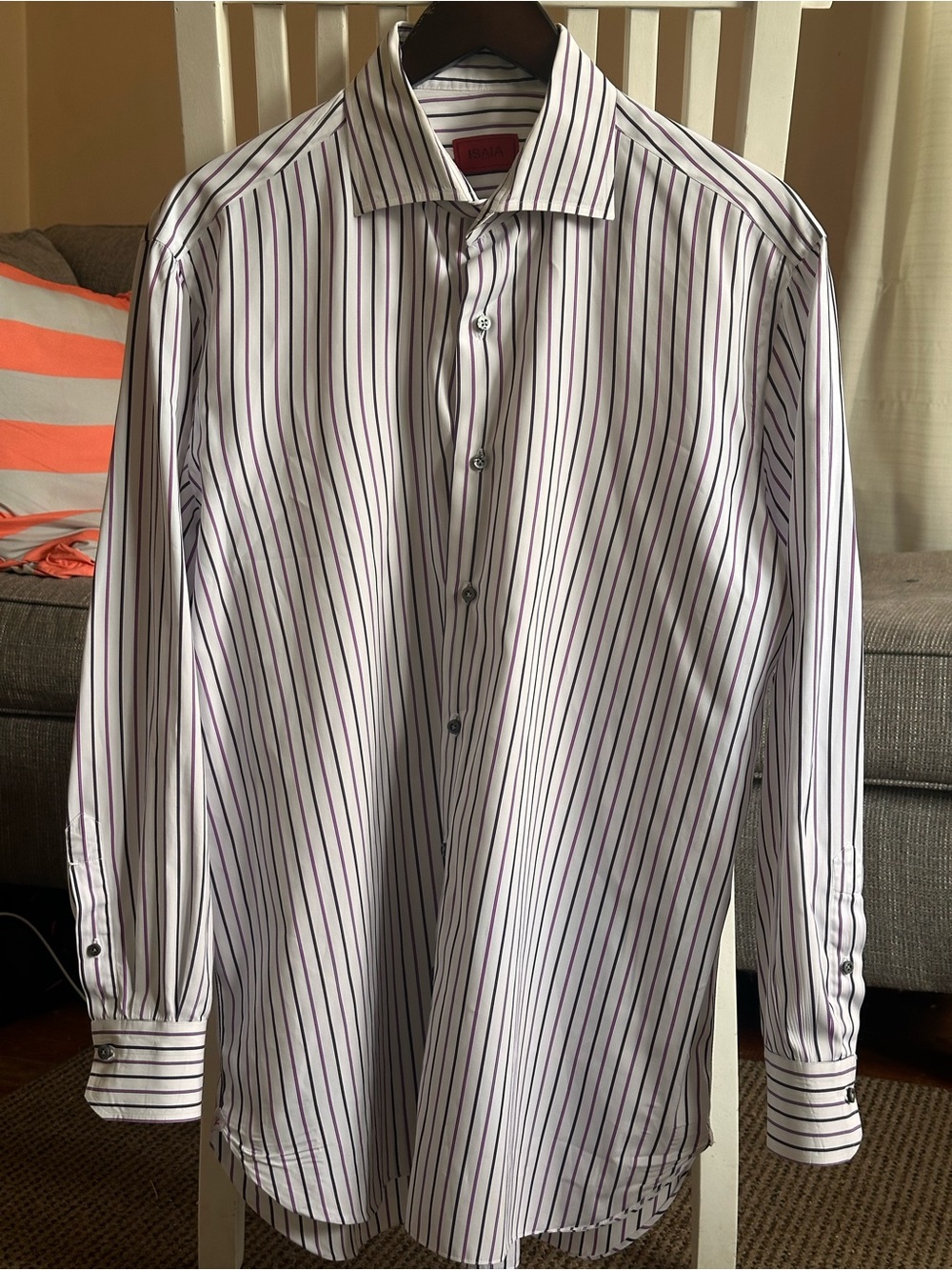 Isaia Napoli Multicolor White Purple Navy Stripes Men’s Dress Shirt Size 17/43